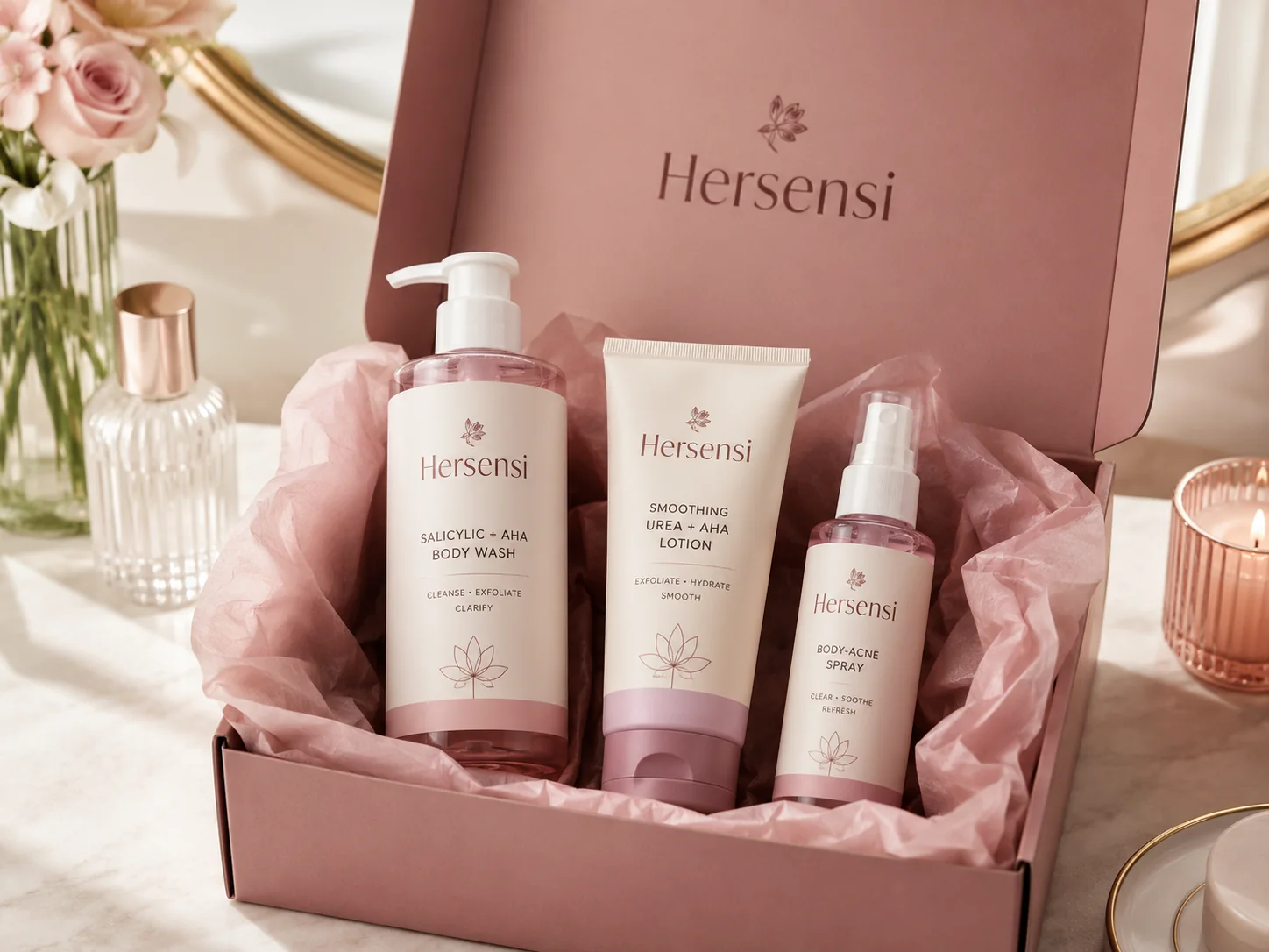 Her Sesni body wash, smoothing lotion and body spray starter routine